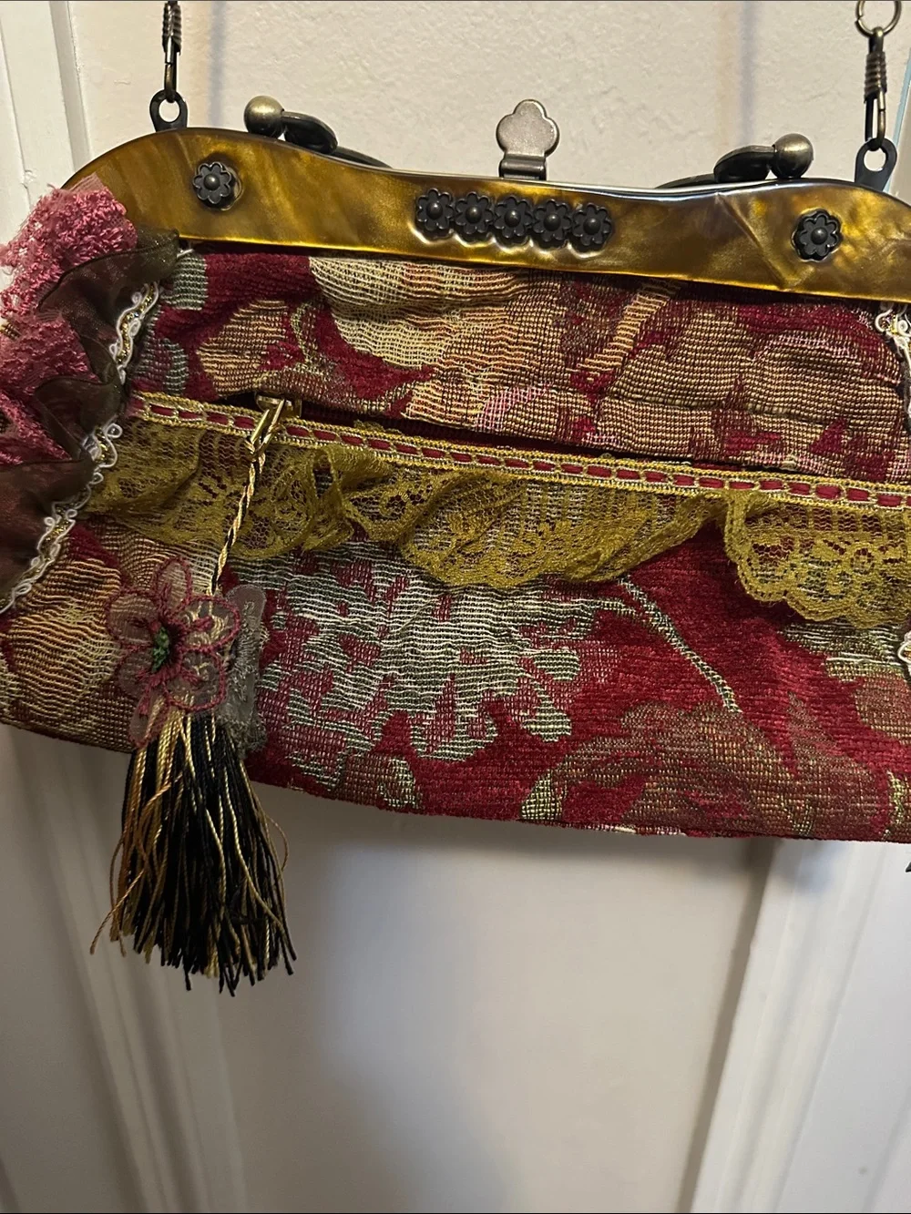 Vintage-Inspired Floral Appliqué Handbag in Burgundy and Olive